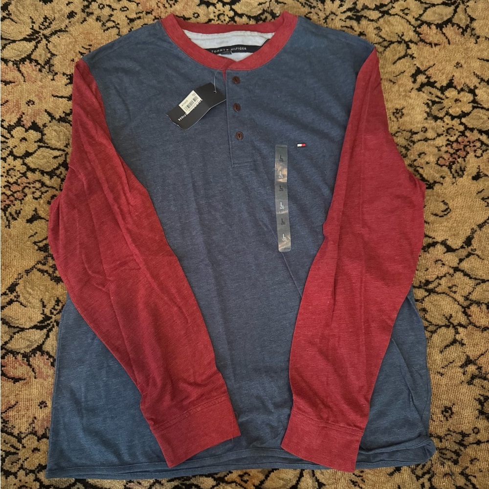 NWT Tommy Hilfiger Men's Blue and Red Henley Shirt